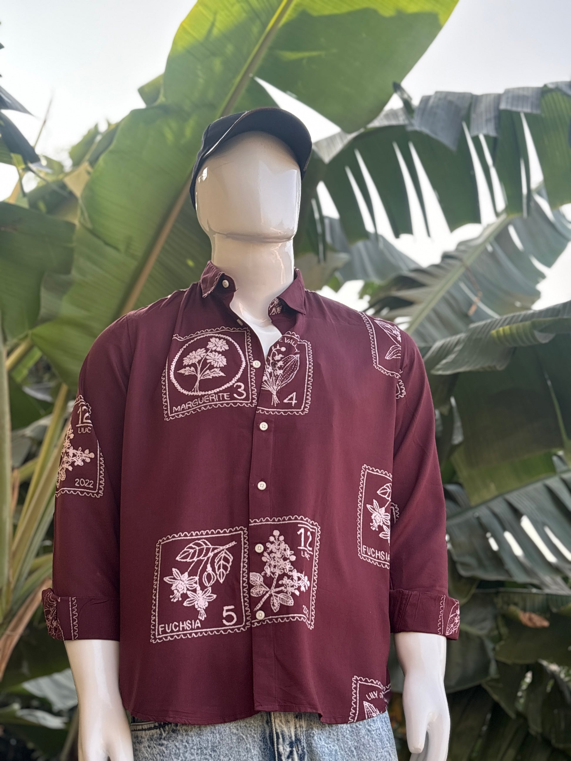 Maroon Botanical Stamp Shirt